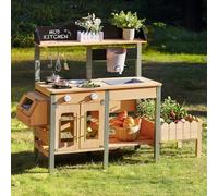 ROBUD Cocina de barro para niños, cocina de madera con grifo, jardinera, estantes, madera natural