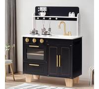 ROBUD Cocina de juguete de madera para niños, estilo moderno de mármol, cocina infantil con horno realista, estufa y estación de café, armario de almacenamiento, utensilios de cocina de metal, regalo