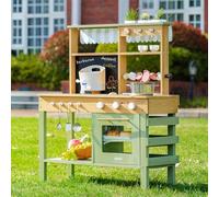 ROBUD Cocina de Madera para Niños, Cocina de Juguete con Fregadero Extraíble, Pizarra, Horno, Tazas para Café y Plantas, Juguete para Exterior para Barbacoas, Regalo para Niños y Niñas de 3+