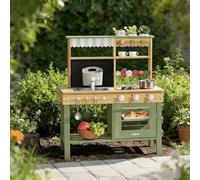 ROBUD Cocina de Madera para Niños, Cocina de Juguete con Fregadero Extraíble, Pizarra, Horno, Tazas para Café y Plantas, Juguete para Exterior para Barbacoas, Regalo para Niños y Niñas de 3+