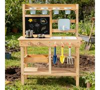 ROBUD Cocina de madera para niños, cocina de juguete para exteriores con grifo real, fregadero extraíble, estufa, macetas, pizarra, bandeja de almacenamiento, cocina de juegos para niños y niñas a