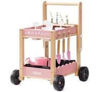 ROBUD Herramienta de jardín para niños con carro de madera, juego de jardín con regadera, pala, rastrillo manual, macetas y tubos hidropónicos, herramientas educativas de jardín para niños y niñas a