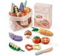 ROBUD Juego de alimentos de juguete de madera, para cortar alimentos para niños, accesorios de cocina, juego de comida de juguete con bolsa de almacenamiento, juguetes regalos para niñas y niños a