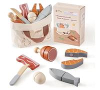 ROBUD Juego de Alimentos de Madera para Juegos de Simulación, Alimentos de Juguete para Cortar para Cocina de Juegos de Niños, Accesorios de Cocina de Juguete con Bolsa de Almacenamiento, Juguetes y