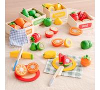 ROBUD Juego de Comida de Madera para Niños, Juego de 22 Piezas de Juguete para Cortar Frutas con Platos de Madera, Accesorios de Cocina, Juego de Juguete Educativo de Comida para Niños y Niñas