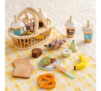 ROBUD Juego de comida de picnic de madera para niños, 14 piezas de juguete de corte con cesta, frutas, pan, rollo de pastel, café, leche, plato, cuchillo y paño de picnic, accesorios de cocina para