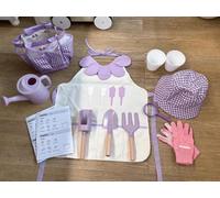ROBUD Juego de jardinería para niños, 17 piezas de jardinería para niños con regadera, delantal, tenedor y pala de jardín, cuchara cilíndrica, guantes de jardinería y bolsa de mano, juguetes de jardín