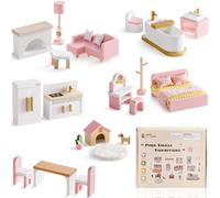 ROBUD Juego de Muebles de Madera para casa de muñecas, 28 Piezas, Accesorios para casa de muñecas, Dormitorio, Cocina, salón, baño, Comedor, Regalo Rosa para niños