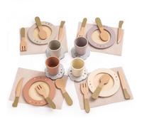 ROBUD Juego de platos de cocina de madera, 29 platos de juguete y cubiertos para juegos de simulación, accesorios de cocina, regalos para niñas y niños (juego de 4)