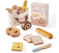 ROBUD Juguetes de madera para jugar a la cocina, accesorios de cocina de madera, alimentos de madera para hornear y cortar para juego de rol con bolsa de almacenamiento, juguetes para niñas y niños a