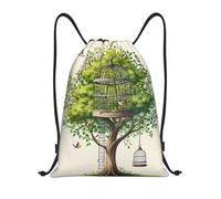 Robusto Mochila de Cuerda Impresión de árbol con Jaula de pájaros Ligero Bolsa con Cordón para Viaje Mujer Hombre 36X42cm