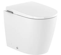 Roca Avant taza de inodoro con asiento de cierre suave de pie sin reborde con descarga de remolino blanco brillante A80336MS00