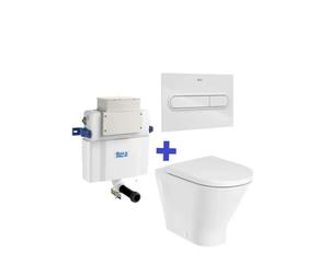 ROCA Basic Tank Pack de inodoro a suelo Rimless adosado a pared The Gap Round con cisterna empotrada doble descarga - CODO EVACUACIÓN S/DUAL / Asiento con tapa con amortiguador / In-Wall PL1 Dual (ONE