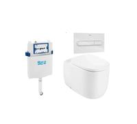 ROCA BEYOND Pack inodoro adosado a pared Rimless 58 cm de fondo salida dual tapa amortiguada cisterna y placa pulsadora - CODO EVACUACIÓN S/DUAL / Cromado