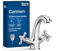 Roca Carmen Grifería para lavabo retro de fácil instalación, grifo bimando vintage con enlaces de alimentación flexibles, mezclador para cuarto de baño con desagüe click-clack, cromado, A5A3A4BC00