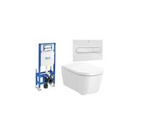 ROCA ROUND Pack inodoro suspendido Rimless 56 cm de fondo de salida horizontal con tapa cisterna y placa pulsadora - Cromado