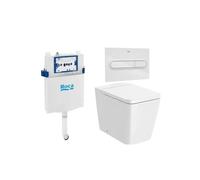 ROCA SQUARE Pack inodoro adosado a pared Rimless salida dual tapa amortiguada placa pulsadora y cisterna - CODO EVACUACIÓN S/DUAL / Blanco