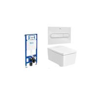ROCA SQUARE Pack inodoro suspendido Rimless con tapa y asiento amortiguada salida horizontal placa pulsadora y cisterna - Cromado