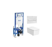 ROCA SQUARE Pack inodoro suspendido Rimless de salida horizontal placa pulsadora cisterna y tapa amortiguada - Cromado