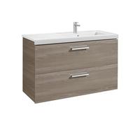 Mueble con dos cajones y lavabo derecho de 110 cm de ancho en color Fresno Unik Prisma Roca - Sin toallero / Con conjunto de patas / Sin caja organizadora + Con dos cajas organizadoras + Sin set de 2 