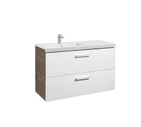 Mueble de Baño Suspendido 110 cm con Lavabo y 2 Cajones Blanco y Fresno Unik Prisma Roca - Sin toallero / Sin conjunto de patas / Con caja organizadora + Con caja organizadora + Set de 2 colgadores