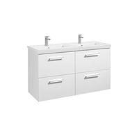 Mueble de Baño con Lavabo Doble y 4 Cajones Unik de 120 cm Colección Prisma Blanco Brillo Roca - Con toallero / Con conjunto de patas / Con caja organizadora + Con caja organizadora + Set de 2 colgado