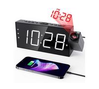 ROCAM Despertador con proyección para Dormitorio, Despertador Digital LED en el Techo con Cargador USB, batería de Reserva, proyector de 180° y regulador de Intensidad, 12/24H, DST