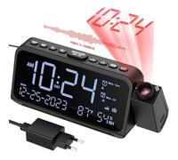 ROCAM Radio Despertador Proyector, Reloj Despertador Digital con Modo día laborable/Fin de Semana, Luz Nocturna, 2 Alarmas, Cargador USB Tipo C, 5 Niveles de Brillos, Snooze, 12/24H (Blanco-B)