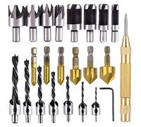 Rocaris 23-Pack Woodworking Chamfer Drilling Tool, 6pcs 1/4" Hex 5 Flute 90 Degree Countersink Drill Bits, 7pcs Three Pointed with L-Wrench, 8PCS Wood Plug Cutter, and Automatic