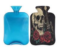 Rock - Botella de agua caliente con diseño de calavera de rosa y guitarra eléctrica con funda, bolsa de agua de gran capacidad de 2 litros para noches acogedoras, alivio del dolor, espalda, cuello y