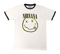 Rock Off officially licensed products Nirvana Ringer T Shirt Double Smile Band Logo Nuevo Oficial Unisex Blanco, blanco, S