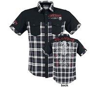 Rock Rebel by EMP Hombre Camisa Blanca y Negra con Estampado de Cuadros y Parches 5XL
