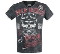 Rock Rebel by EMP Hombre Camiseta Negra con Cuello de Pico y Estampado S