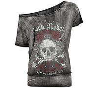 Rock Rebel by EMP Mujer Camiseta Gris Oscuro con Escote Ancho y Estampado de Calavera S
