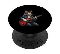 Rock Star Cat Tocando Guitarra Rock y Folk Hombres Mujeres Niños PopSockets PopGrip Adhesivo