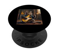 Rock Star Cat tocando la guitarra Rock and Roll Hombres Mujeres Niños PopSockets PopGrip Adhesivo
