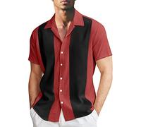 Rockabilly Shirts Herren 50er Kleidung Baumwolle Herren Hemden Kurzarm Fifties Bowling Poloshirts Casual Button Down Shirts Hawaiihemd Männlich Lässig Sommerärmel Tops, O rojo., XL