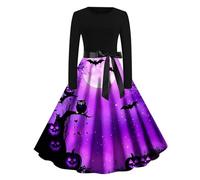 Rockabilly - Vestido de fiesta para mujer, gótico, calavera con estampado de rosas, disfraz de Halloween, manga larga, vestido de cóctel, vestido de túnica con cinturón, vestido de noche medieval, #10