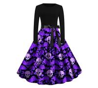 Rockabilly - Vestido de fiesta para mujer, gótico, calavera con estampado de rosas, disfraz de Halloween, manga larga, vestido de cóctel, vestido de túnica con cinturón, vestido de noche medieval