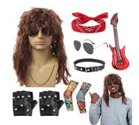 Rocker Costume | Halloween 80s Rockers Star Costumes Set | 9pcs Men's Rock-er Heavy Metal Costumme 70s 80's Rock- Wigs Men Cost-ume Sets for Daily Wear