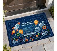 Rocket - Tapete para puerta de bienvenida, educativo, con engranajes juguetones, para volver al campus, azul marino, antideslizante, para decoración del hogar, para entrada, porche, balcón, 29 x 17