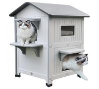 Rockever Casa de plástico de lujo para gatos con puerta de escape, impermeable de 2 pisos, para gatos salvajes, refugio para gatos, espaciosa, limpia y fácil de montar
