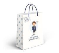 ROCKING GIFTS Bolsa de Papel Grande para Embalaje Fácil de Regalos de Comunión Niño, Blanco y Azul, 26 x 10 x 32cm