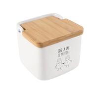 ROCKING GIFTS Salero de Cocina de Ceramica con Tapa de Madera, La Sal de mi Vida, Bote para Sal Blanco y Marrón, Accesorios de Cocina, 12 cm