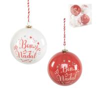 ROCKING GIFTS Set de 4 Bola de Árbol Navidad, Bon Nadal en Catalán, Adorno Colgante Blanco y Rojo, 7 cm