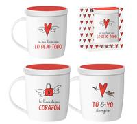 ROCKING GIFTS Set de x3 Taza Mug Té Tisana de Ceramica con Tapa y Filtro Infusor, San Valentin en Español, Blanco y Rojo, 350ML