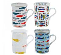 ROCKING GIFTS Taza Mug Té Tisana 330ML con Tapa y Filtro Infusor, Modelo Surtido (1 Unidad), Porcelana Peces de Colores, con Caja de Regalo, 11 cm