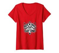 Rocking It Since Day One Retro Music Lovers Cita Camiseta Cuello V, Mujer, Rojo, M
