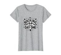 Rocking It Since Day One Retro Music Lovers Cita Camiseta, Mujer, Gris Jaspeado, S