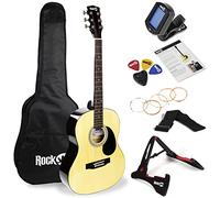 RockJam Superkit de guitarra acústica que incluye soporte, bolsa de concierto, afinador, púas, soporte para púas, cuerdas de repuesto y lecciones en línea, paquete de 6, derecho, natural, completo